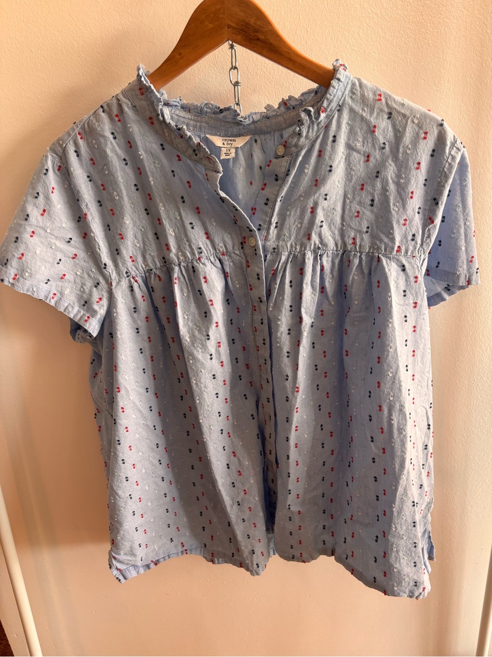 crown & ivy Light Blue Short Sleeve Blouse with Red & Navy Dot Print